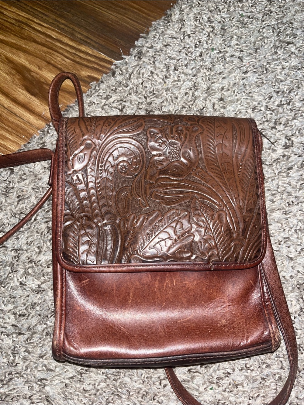 Brown Tooled Leather Crossbody Bag